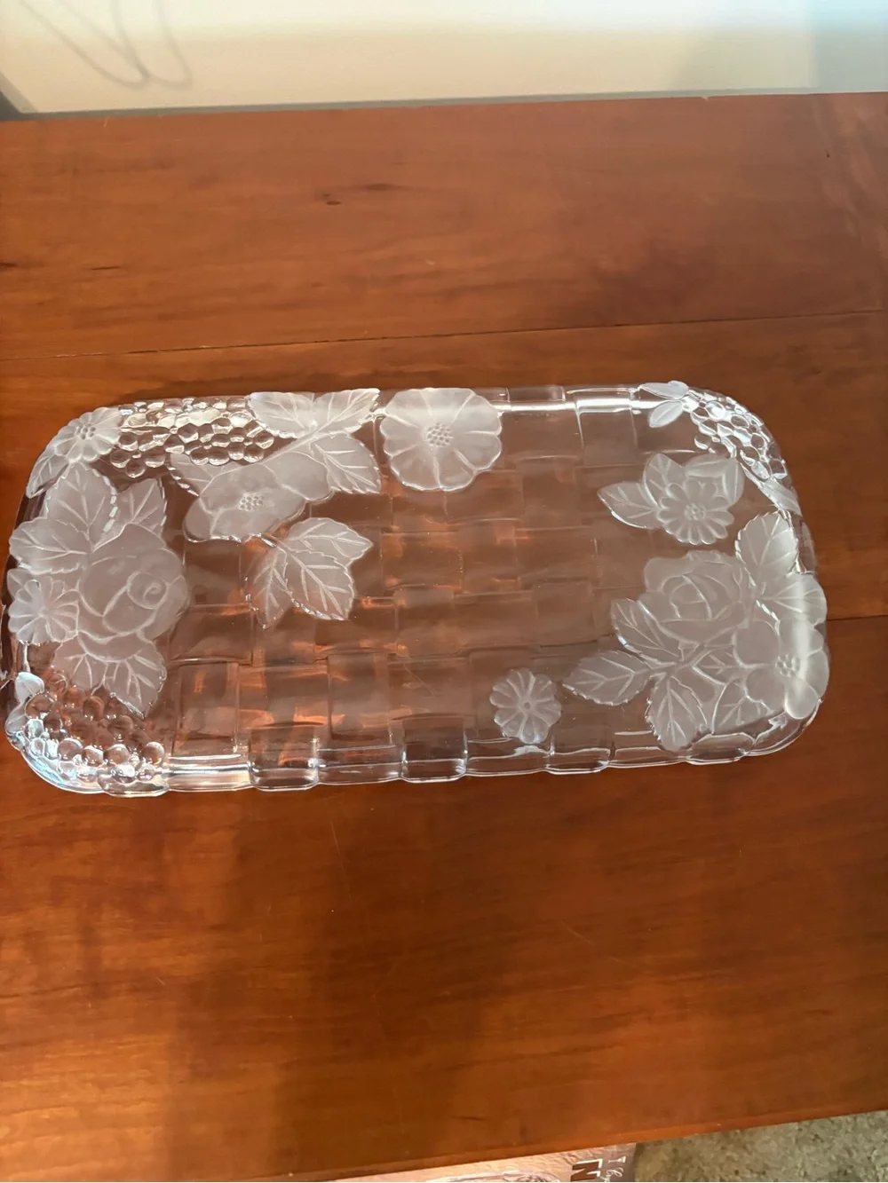 Frosted Floral Crystal Serving Tray 14.5” Crystal Clear Napoli Japan
